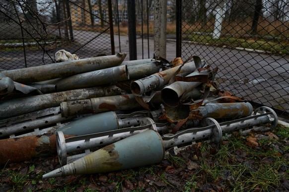 TORETSK, UKRAINE - DECEMBER 18: The remains of artillery shells and missiles including cluster munitions are stored on December 18, 2022 in Toretsk, Ukraine. Inhabitants living on the frontline on the ...