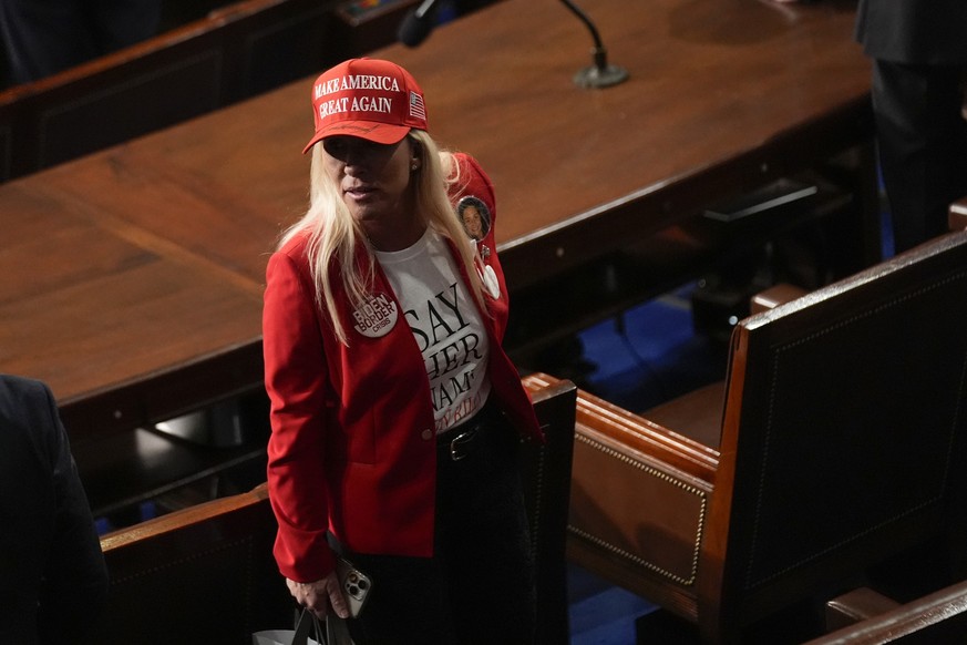 Rep. Marjorie Taylor Greene, R-Ga., leaves after President Joe Biden delivered the State of the Union address to a joint session of Congress at the U.S. Capitol, Thursday March 7, 2024, in Washington. ...