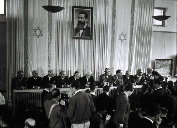 The Israeli Declaration of Independence The Israeli Declaration of Independence made on the 14 May 1948, the British Mandate terminating soon afterwards at midnight. Dated 1948 PUBLICATIONxINxGERxSUIx ...