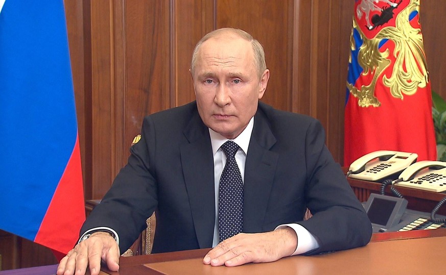Wladimir Putin bei seiner Fernsehansprache. Hier verkündete er am Mittwoch eine Teilmobilmachung für den Krieg in der Ukraine.