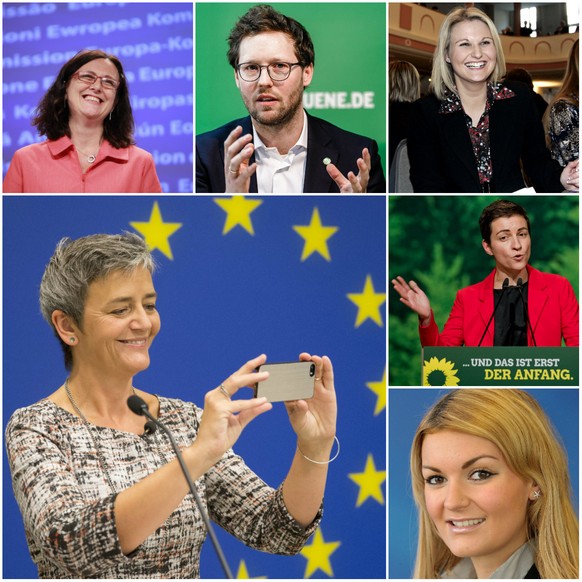 Mobil und erfolgreich: Die ehemaligen Erasmus-Studierenden C. Malmström (EU-Kommissarin), J. Albrecht, N. Hirsch, S. Keller (EU-Abgeordnete) M. Andreeva (Juncker-Sprecherin) und M. Vestager (EU-Kommis ...