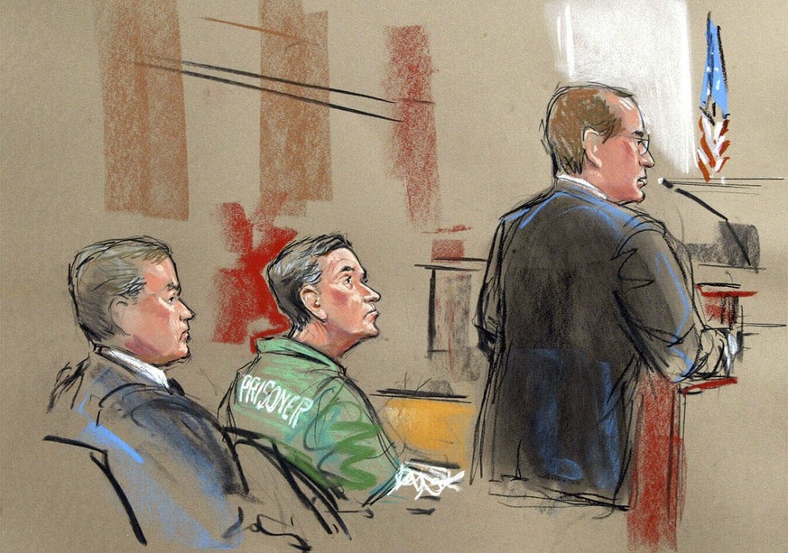 FILE - In this artist depiction, U.S. Attorney Randy Bellows, right, addresses the court during the sentencing of convicted spy Robert Hanssen, center, seen with his attorney Plato Cacheris, left, at  ...