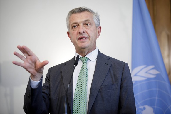 Filippo Grandi, Hoher Fluechtlingskommissar der Vereinten Nationen, gibt eine Pressekonferenz in der Villa Borsig. 13.08.2018, Berlin. Berlin Deutschland *** Filippo Grandi United Nations High Commiss ...