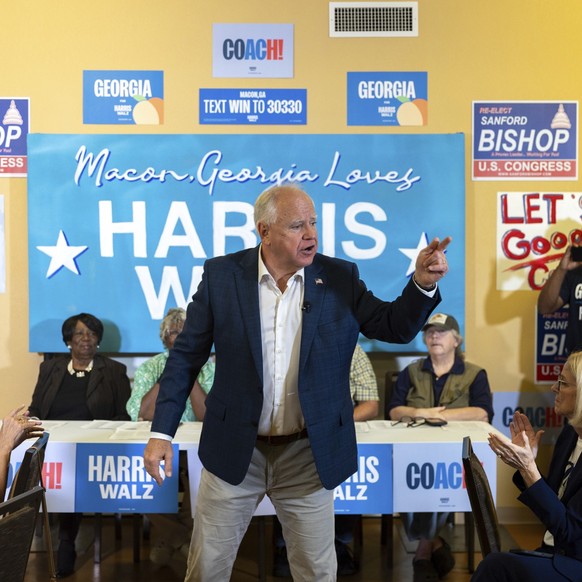 Democratic vice presidential candidate Minnesota Gov. Tim Walz speaks to supporters at a Democratic campaign office in Macon, Ga., on Tuesday, Sept. 17, 2024. (Arvin Temkar/Atlanta Journal-Constitutio ...