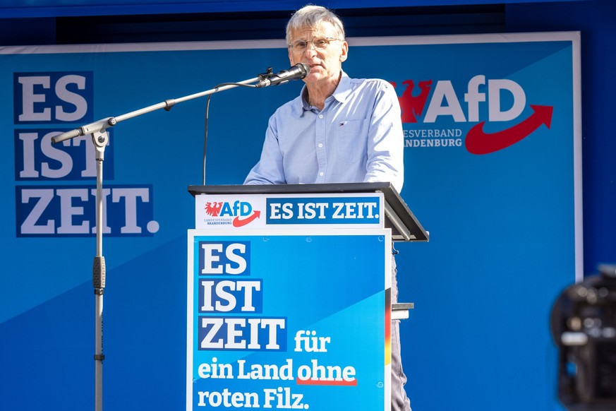 ARCHIV - 03.08.2024, Brandenburg, Cottbus: Hans-Christoph Berndt, Spitzenkandidat der Brandenburger AfD für die Landtagswahl in Brandenburg, spricht auf einer Wahlkampfveranstaltung der AfD Brandenbur ...