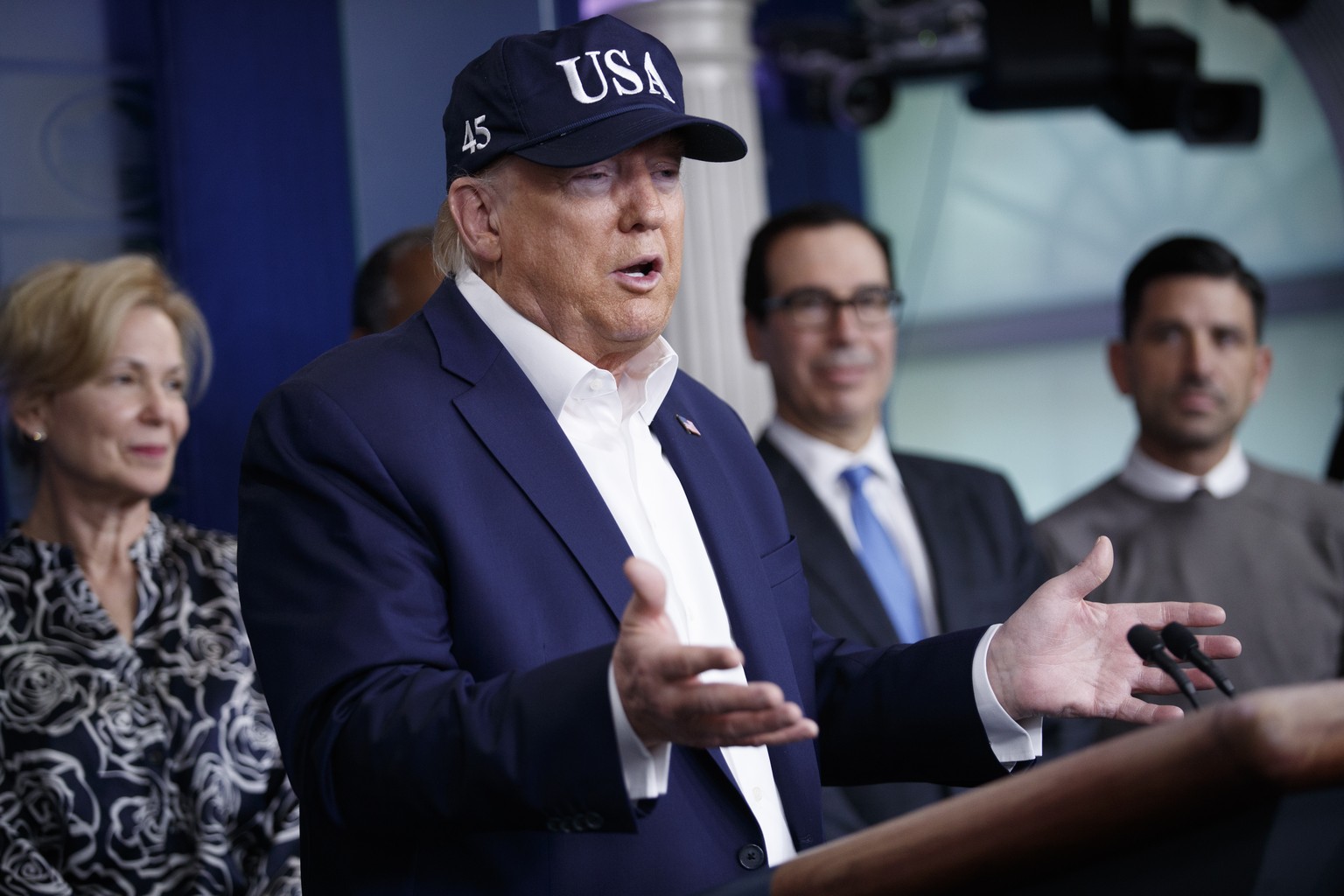 US President Donald J. Trump responds to a question from the news media during a COVID-19 coronavirus press briefing in the press briefing room at the White House in Washington, DC, USA, 14 March 2020 ...