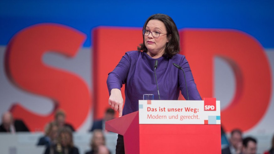 BERLIN, GERMANY - DECEMBER 08: Parliamentary group leader of the Social Democratic Party (SPD) Andrea Nahles holds a speech at the SPD federal party congress on December 8, 2017 in Berlin, Germany. SP ...