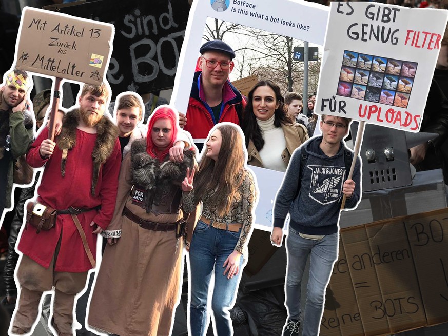 BERLIN, GERMANY - MARCH 23: Protesters rally against proposed upload filters that they claim will restrict Internet freedom on March 23, 2019 in Berlin, Germany. European Union officials have agreed o ...