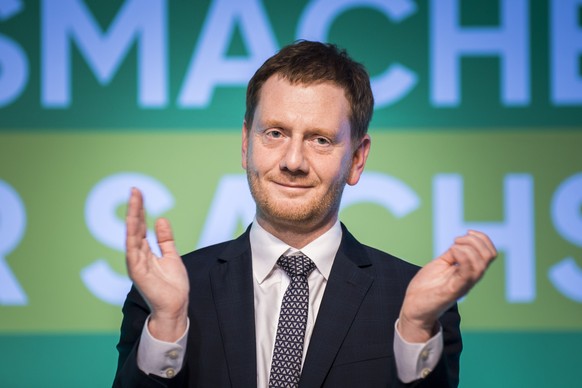 Michael Kretschmer, Ministerpraesident von Sachsen, aufgenommen im Rahmen des 6. Sonderparteitages der CDU Sachsen anlaesslich der Beschlussfassung zur Koalitionsvereinbarung fuer die Bildung einer Re ...