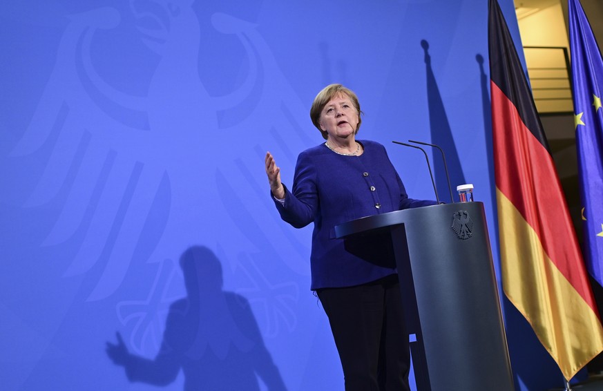 German Chancellor Angela Merkel addresses a press conference following the EU leaders&#039; videoconference, in Berlin, Thursday, Feb 25, 2021. European Union leaders are seeking to inject new energy  ...