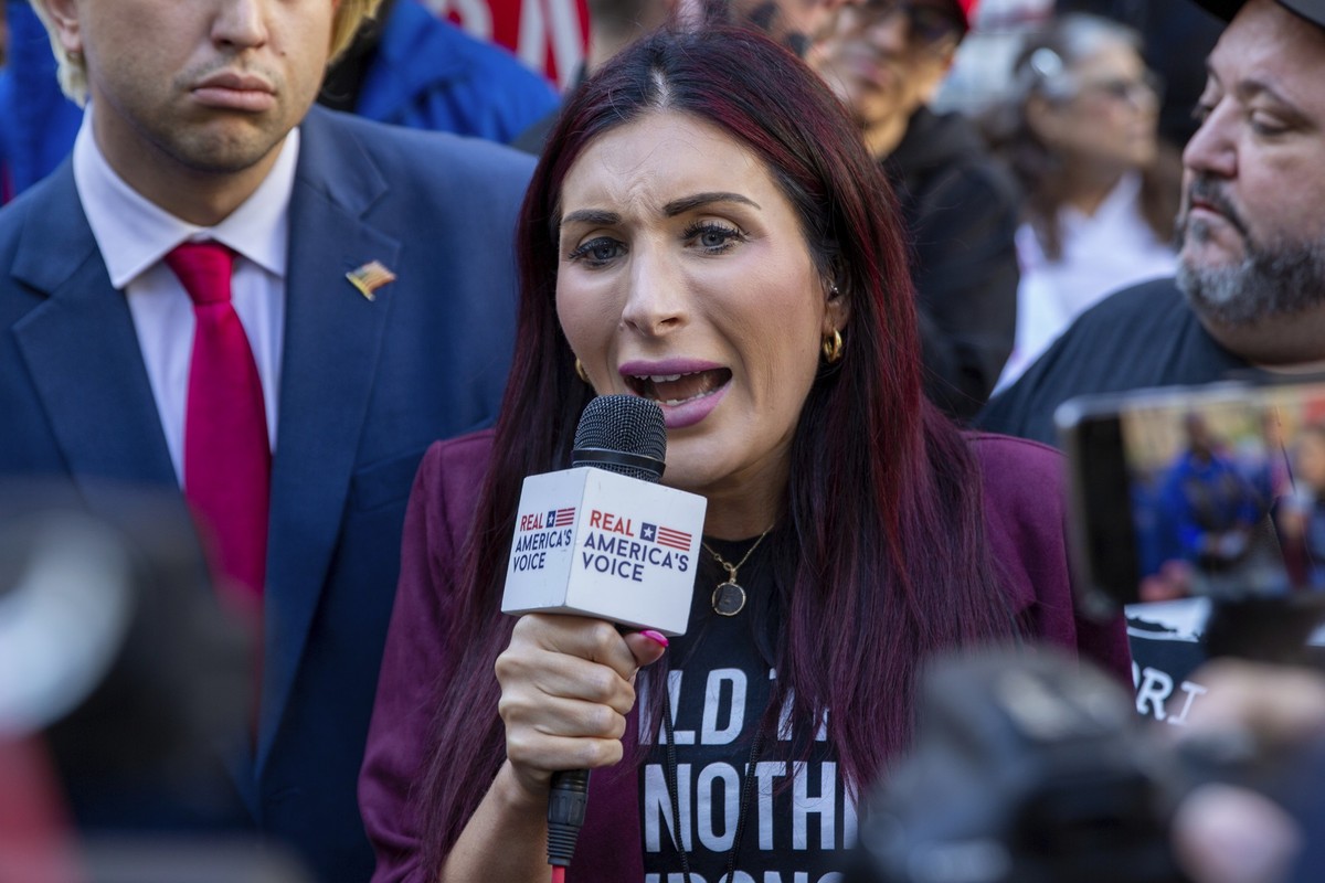 FILE - Right-wing activist Laura Loomer speaks in front of the courthouse where the hush-money trial of Donald Trump is underway, April 15, 2024, in New York. (AP Photo/Ted Shaffrey, File)