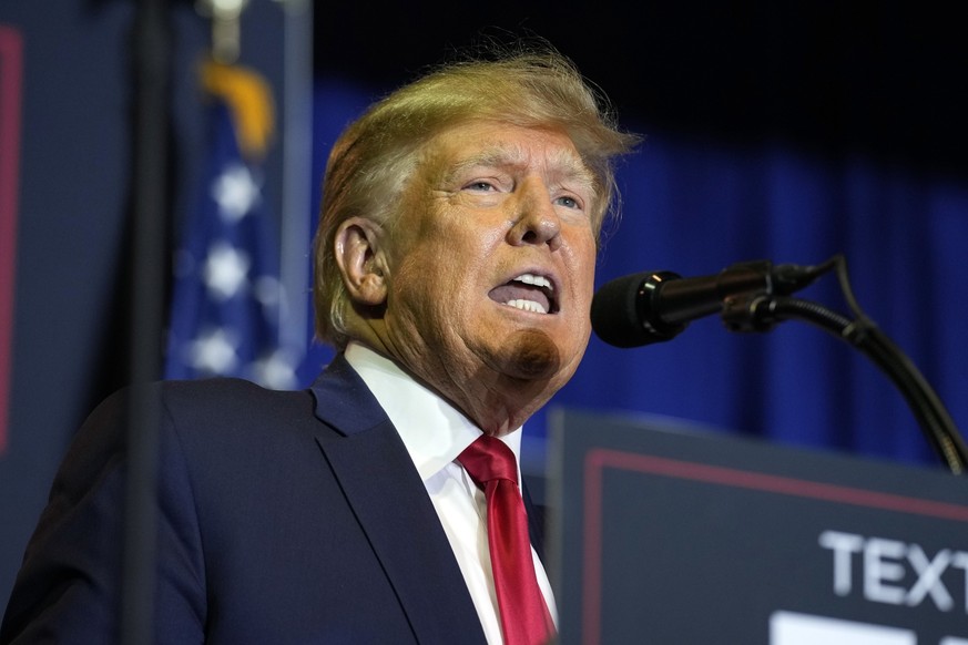 FILE - Former President Donald Trump speaks at a campaign rally, April 27, 2023, in Manchester, N.H. (AP Photo/Charles Krupa, File)