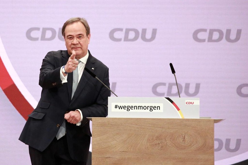 BERLIN, GERMANY - JANUARY 16: NRW Minister President, Armin Laschet speaks as a candidate for chairman of the CDU at a digital party congress to elect a new leader on January 16, 2021 in Berlin, Germa ...