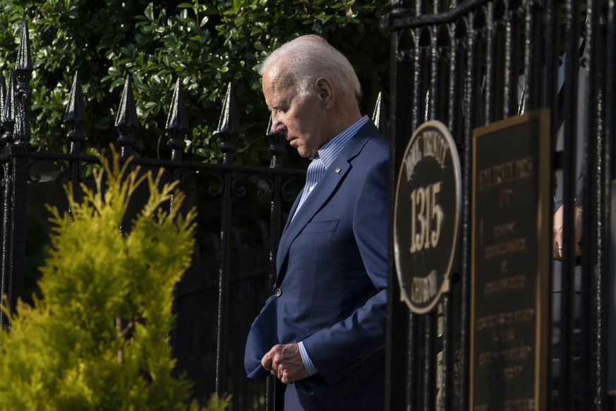 President Joe Biden leaves Holy Trinity Catholic Church in the Georgetown section of Washington, after attending Mass, Saturday, June 10, 2023. (AP Photo/Manuel Balce Ceneta)