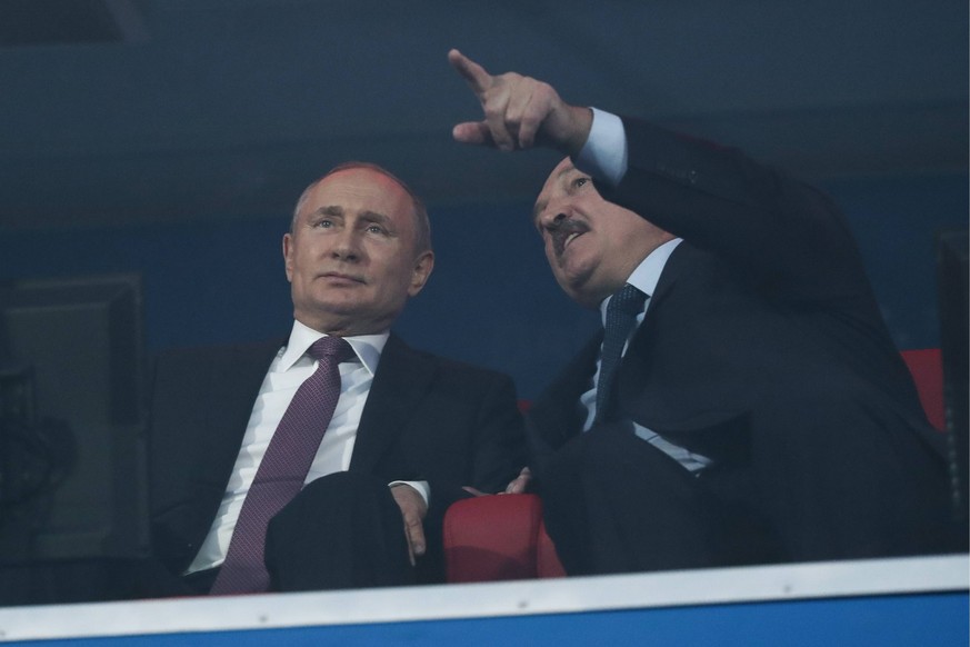 MINSK, BELARUS - JUNE 30, 2019: Russia s President Vladimir Putin (L) and Belarus President Alexander Lukashenko at the closing ceremony of the 2nd Europaspiele at Dinamo Stadium. Natalia Fedosenko/TA ...