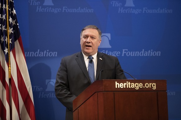 Secretary of State Mike Pompeo speaks at the Heritage Foundation, a conservative public policy think tank, in Washington, Monday, May 21, 2018. Pompeo issued a steep list of demands Monday that he sai ...