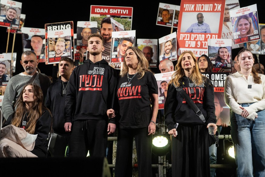 Protest after IDF Admits to Accidentally Killing Of Three Hostages - Gaza 12/17/2023 Tel Aviv Israel. recently released hostages Maya Regev L, Itai Regev, Daniel Aloni 2L and Agam Goldstein Almog R at ...