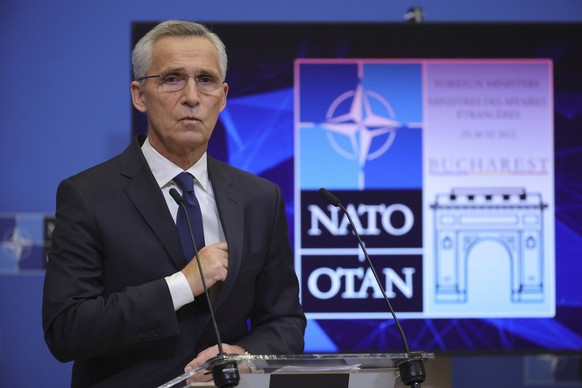 NATO Secretary-General Jens Stoltenberg speaks during a press conference at the NATO headquarters, Friday, Nov. 25, 2022 in Brussels, ahead of the Meeting of NATO Ministers of Foreign Affairs taking p ...