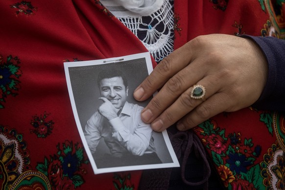 ISTANBUL, TURKEY - MAY 04: A photograph of HDP&#039;s nominated presidential candidate Selahattin Demirtas who is currently in prison after being arrested in 2016 as part of a terror investigation is  ...