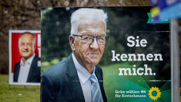 Election posters show Winfried Kretschmann from the Greens and the party&#039;s top candidate for the Baden-Wurttemberg federal state elections in Mannheim, Germany, Wednesday, March 10, 2021. The ele ...