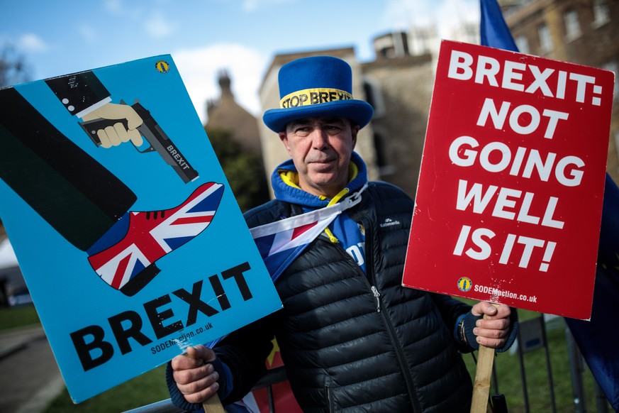 LONDON, ENGLAND - MARCH 11: Anti-Brexit protester Steve Bray demonstrates outside the House of Parliament on March 11, 2019 in London, England. Talks between the UK and the EU resume today before MPs  ...