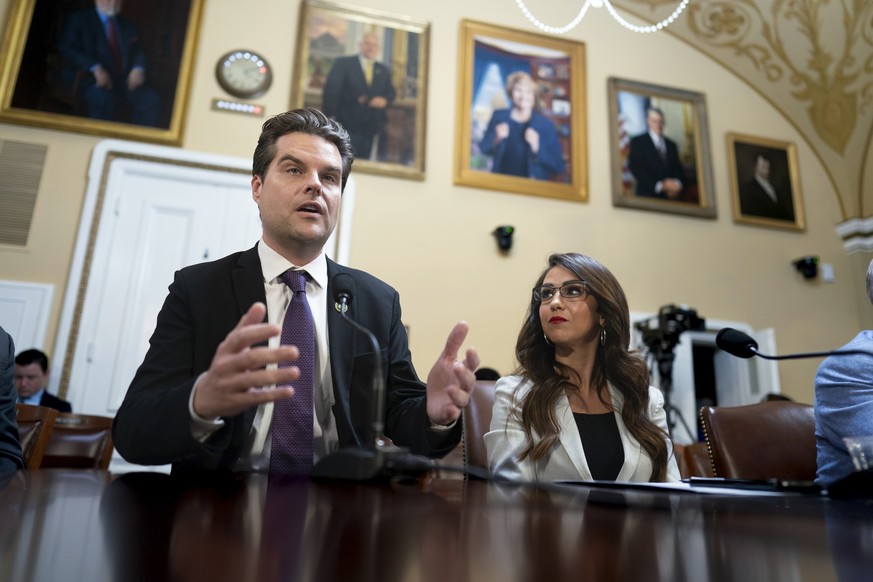Rep. Matt Gaetz, R-Fla., left, and Rep. Lauren Boebert, R-Colo., propose amendments to the Department of Homeland Security Appropriations Bill before the House Rules Committee, at the Capitol in Washi ...