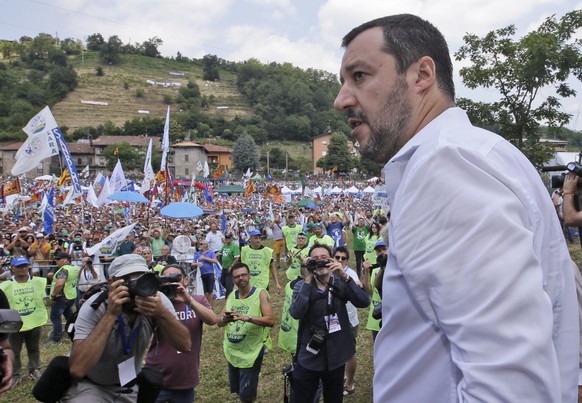 Matteo Salvini attends the traditional League party rally in Pontida, northern Italy, Sunday, July 1, 2018. Italian Interior Minister, and right-wing League Leader Matteo Salvini has vowed that no mor ...