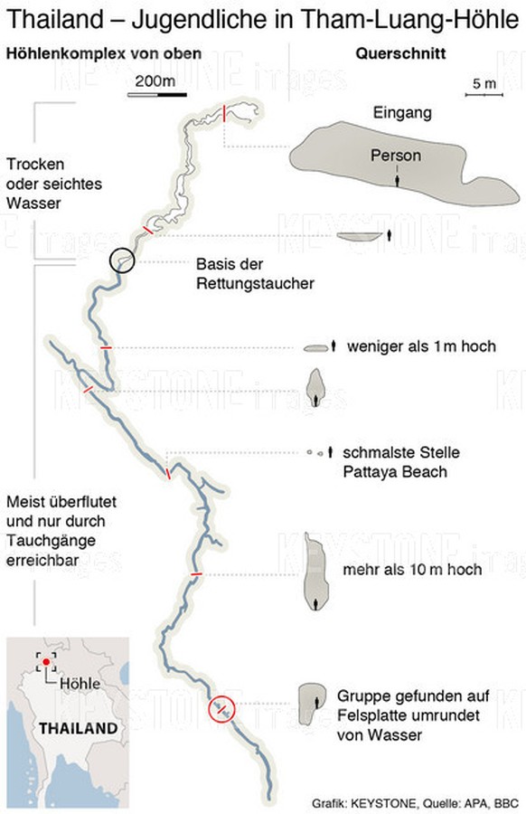 GRAFIK --- Darstellung der Hoehle von oben und im Querschnitt, Lokalisierungskarte (90 x 140mm hoch) vom Freitag, 6. Juli 2018 (KEYSTONE/Gerhard Riezler) |