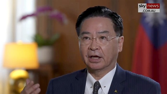 In this image made from video provided by Sky News Australia, Taiwan&#039;s Foreign Minister Joseph Wu speaks in an interview in Taipei, Taiwan, on April 28, 2023. Taiwan intends to fight for itself i ...