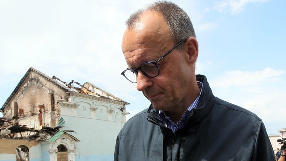 Irpin, Ukraine - May 3, 2022 - Leader of the Christian Democratic Union, Leader of the Opposition in the Bundestag Friedrich Merz visits Irpin, a city liberated from Russian invaders, Kyiv Region, nor ...