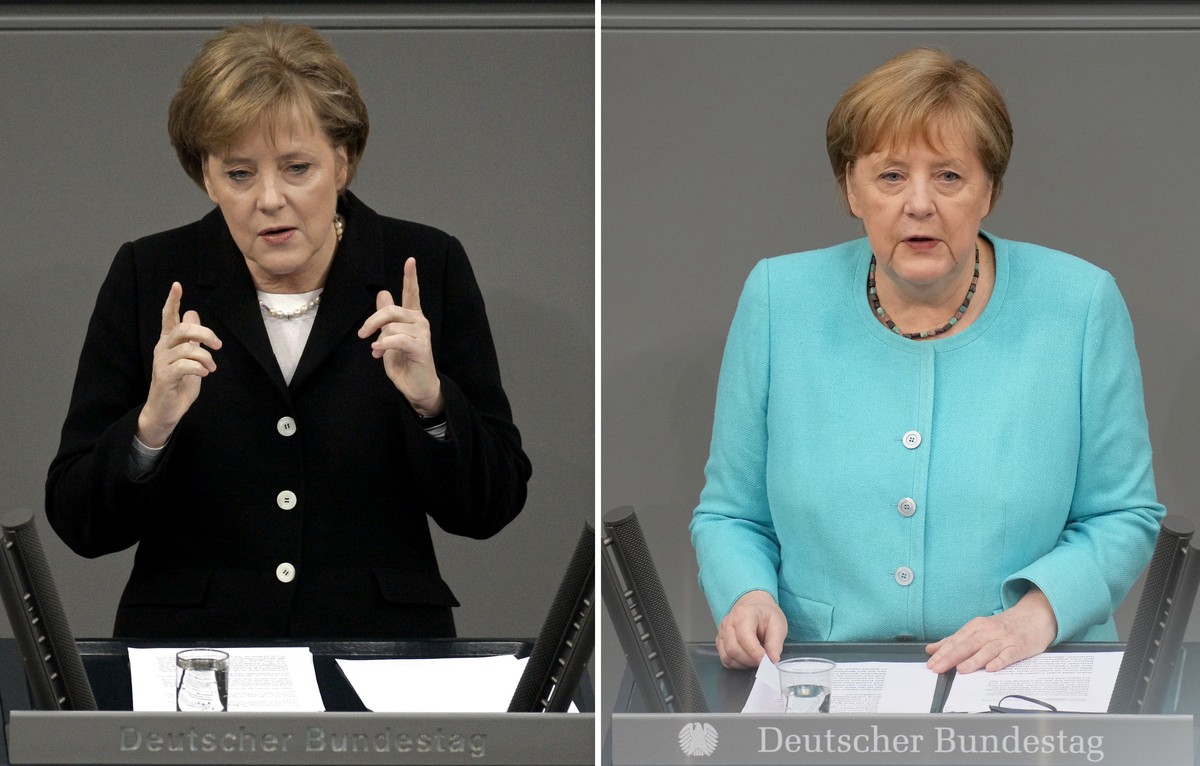 ARCHIV - 30.11.2005, Berlin: Bundeskanzlerin Angela Merkel (CDU) gibt vor dem Deutschen Bundestag ihre erste (links am 30.11.2005) und ihre letzte (rechts am 24.06.2021) Regierungserkl�rung als Bundes ...