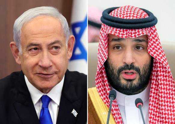 ARCHIV - 28.05.2023, ---: Die Bildkombo zeigt Benjamin Netanjahu (l), Ministerpräsident von Israel, und Mohammed bin Salman, Kronprinz von Saudi Arabien. Bei einer möglichen Annäherung zwischen Saudi- ...