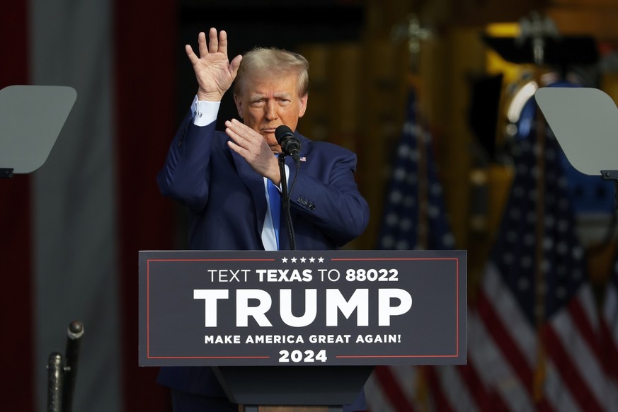 Former President Donald Trump gestures as he gives remarks during a campaign event held at Trendsetter Engineering, Thursday, Nov. 2, 2023, in Houston. (AP Photo/Michael Wyke)