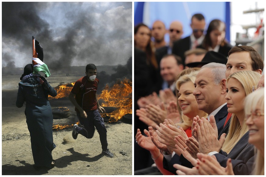 In this photo combination, Palestinians protest near the border of Israel and the Gaza Strip, left, and on the same day dignitaries, from left, Sara Netanyahu, her husband Israeli Prime Minister Benja ...