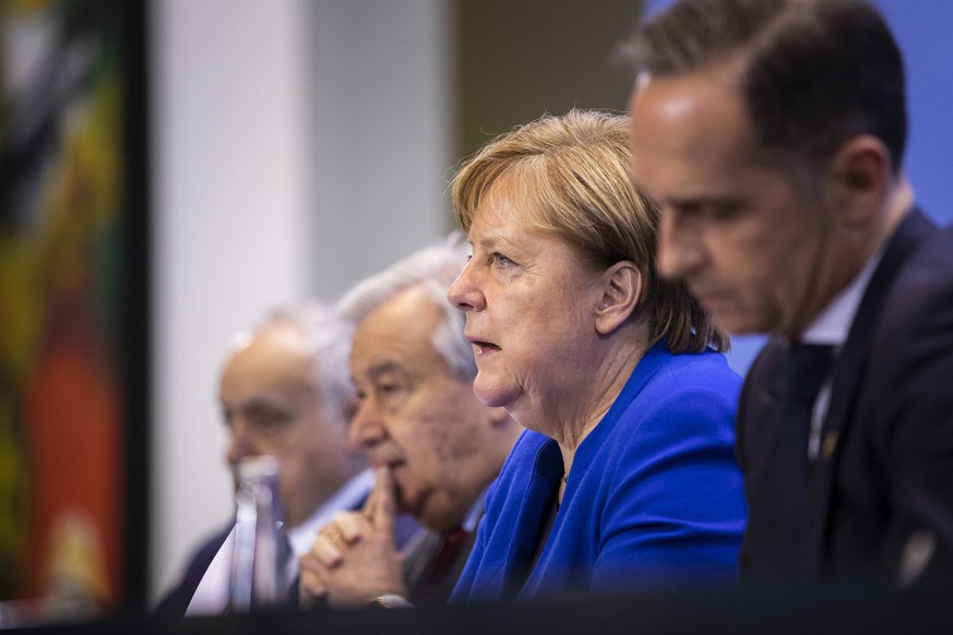 L-R Ghassan Salame, Leiter der United Nations Support Mission in Libya UNSMIL, Antonio Guterres, Generalsekretaer der Vereinten Nationen, Bundeskanzlerin Angela Merkel, CDU, und Heiko Maas, Bundesauss ...