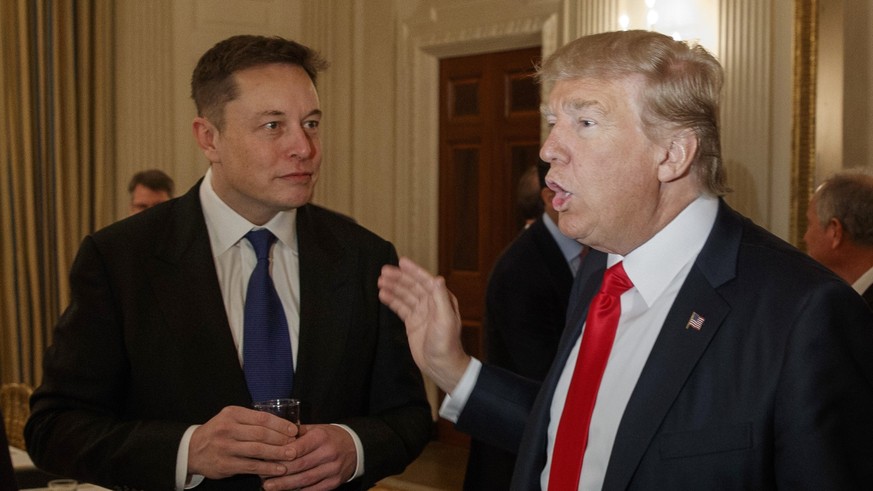 FILE - President Donald Trump, right, talks with Tesla and SpaceX CEO Elon Musk at the White House in Washington, Feb. 3, 2017. (AP Photo/Evan Vucci, File)