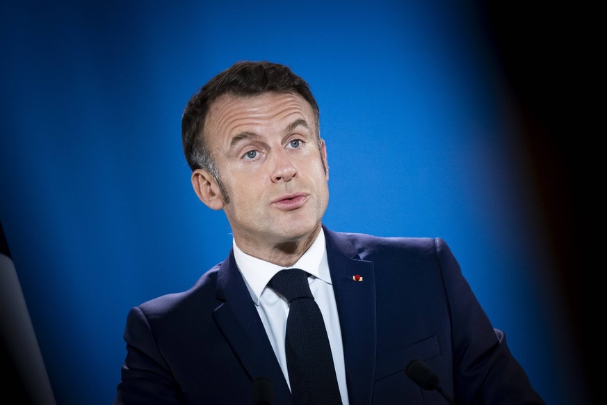 President Of France At A Press Conference After The European Council Summit President of the Republic of France Emmanuel Macron at a press conference after the end of EU Council summit, the EU leaders ...