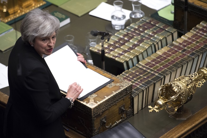Britain's Prime Minister Theresa May addresses the house of Commons Parliament during the debate on Britain's Brexit European Union Withdrawal Act, in London, Tuesday Jan. 29, 2019. Seeking to break t ...