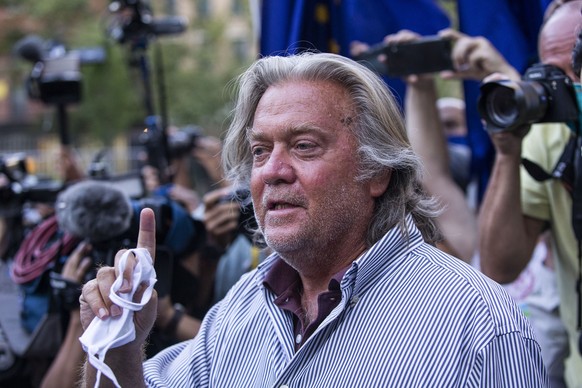FILE - In this Aug. 20, 2020, file photo, President Donald Trump&#039;s former chief strategist Steve Bannon speaks with reporters in New York after pleading not guilty to charges that he ripped off d ...