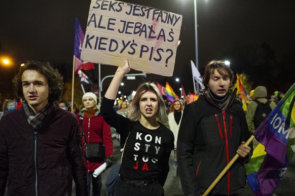 "Sex ist geil, aber hast du schon einmal die PIS gefickt?", steht auf dem Schild bei einer Demo gegen das Abtreibungsgesetz.