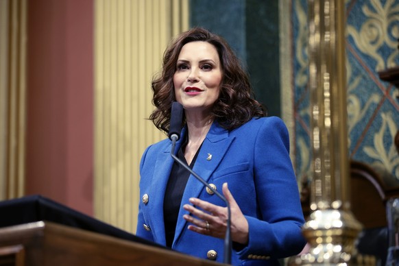Michigan Gov. Gretchen Whitmer delivers her State of the State address to a joint session of the House and Senate, Wednesday, Jan. 25, 2023, at the state Capitol in Lansing, Mich. (AP Photo/Al Goldis)