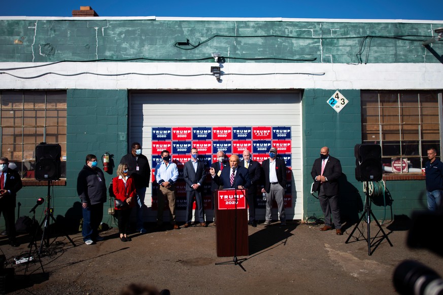 Former New York Mayor Rudy Giuliani addresses the media with the Trump legal team after news media named Democratic presidential nominee Joe Biden the winner in the 2020 U.S. presidential election, at ...