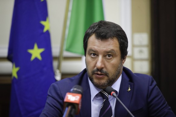Italy's Interior Minister and Deputy-Premier Matteo Salvini attends a news conference after meeting Hungary's Prime Minister Viktor Orban, in Milan, Italy, Tuesday, Aug. 28, 2018. (AP Photo/Luca Bruno ...