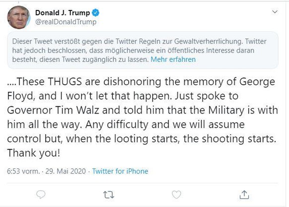 rump in diesem Tweet, über dem ein Warnhinweis von Twitter steht. Twitter hat einen weiteren Tweet von Donald Trump mit einem Warnhinweis versehen - und könnte damit den Konflikt mit dem US-Präsidente ...