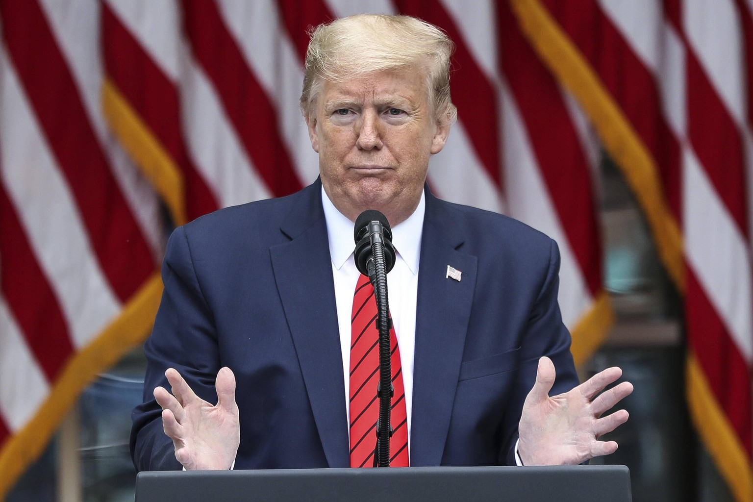May 11, 2020, Washington, District of Columbia, USA: United States President Donald J. Trump speaks during a press briefing on testing in the Rose Garden of the White House on May 11, 2020 in Washingt ...