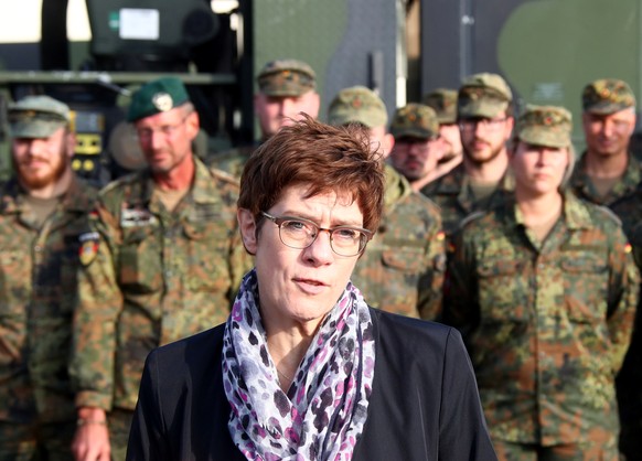 German Defence Minister Annegret Kramp-Karrenbauer speaks as she visits troops of the German army Bundeswehr at the Henne-Barracks in Erfurt, Germany October 23, 2019. REUTERS/Michael Dalder