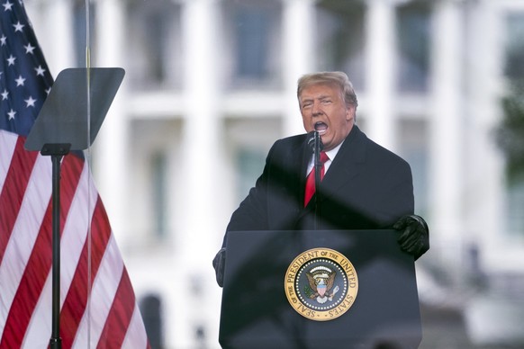 FILE - President Donald Trump speaks during a rally protesting the electoral college certification of Joe Biden as President in Washington, Jan. 6, 2021. The seditious conspiracy convictions of former ...