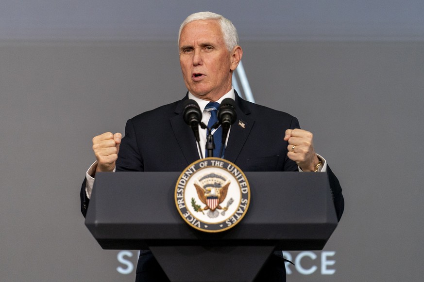 Vice President Mike Pence speaks at a ceremony to commemorate the first birthday of the U.S. Space Force at the Eisenhower Executive Office Building on the White House complex​, Friday, Dec. 18, 2020, ...