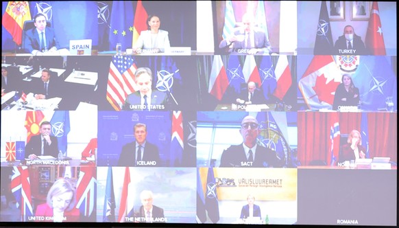 BELGIUM, BRUSSELS - JANUARY 7: A screen shows NATO Ministers of Foreign Affairs participating an extraordinary virtual meeting in Brussels, Belgium on January 7, 2022. NATO Secretary General Jens Stol ...