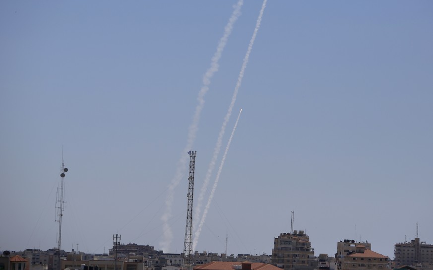 Rockets are launched from the Gaza Strip to Israel, Tuesday, May 18, 2021. Since the fighting began last week, the Israeli military has launched hundreds of airstrikes it says are targeting Hamas&#039 ...